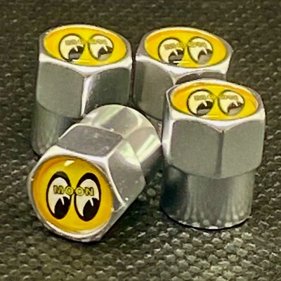 4 yellow RAT FINK Valve STEM CAPS Hot Rod MOON vtg style Custom Ed ROTH Mooneyes