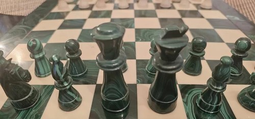 Vintage Green Jade Malachite & White Marble Chess Set And Board Handmade Gifts - Picture 6 of 16