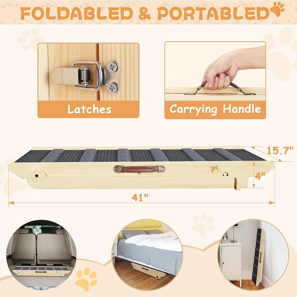 Pre-Owned Wooden Dog Ramp Adjustable Folding Portable Pet Ramp for Bed Car Gray - Image 3 of 4