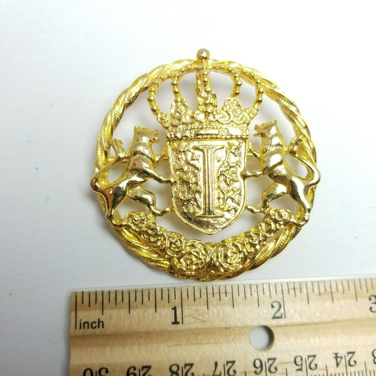 Vintage Ivana Trump Family Crest Gold Tone Brooch Lapel Pin, Signed Estate View 4