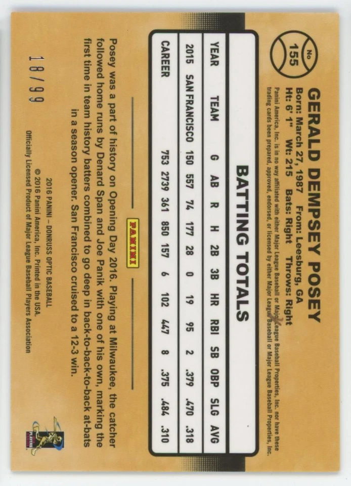 2016 Donruss Optic Red Buster Posey 18/99 San Francisco Giants #155 - Image 2 of 2