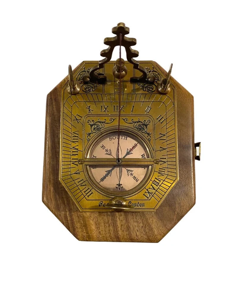 Antiguo reloj de sol péndulo de latón cromado de aspecto vintage con brújula Gilbert caja de madera Foto 4 de 4