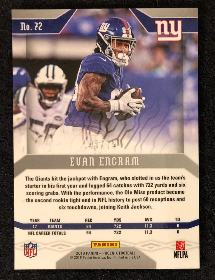 2018 Phoenix Football Evan Engram New York Giants SP #d 49/75 Card #72 - Image 2 of 2