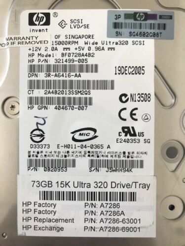 HP 73GB 15K ULTRA 320 DRIVE/TRAY MODEL: BF0728A4B2 P/N: A7286-69001 - 404670-007 - Picture 2 of 3