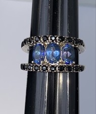 Signed 925 V3, Blue  Black Gems, Sterling Ring Size 9.25