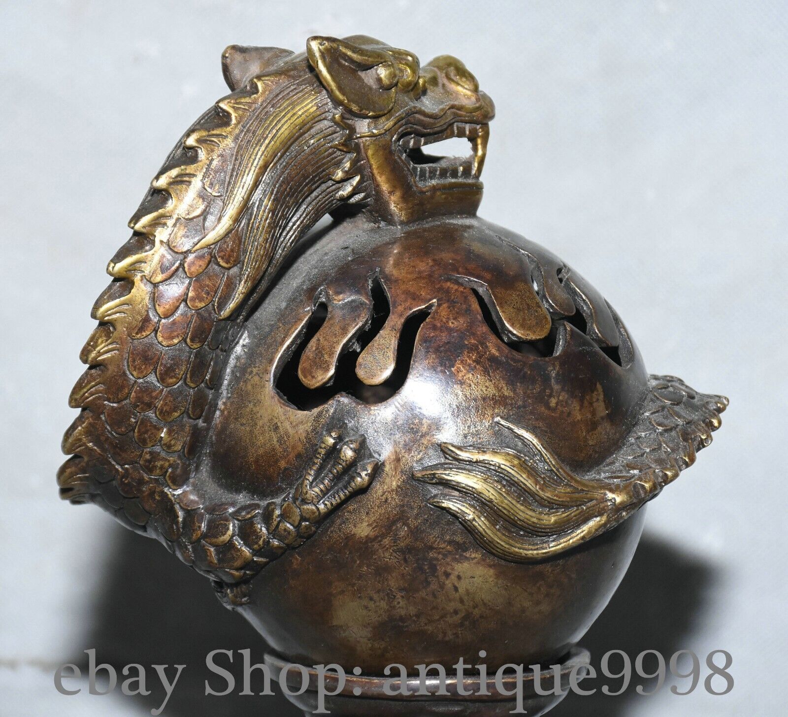 9.4'' Old Dynasty Bronze Fengshui Dragon Loong Animal Incense Burner Censer