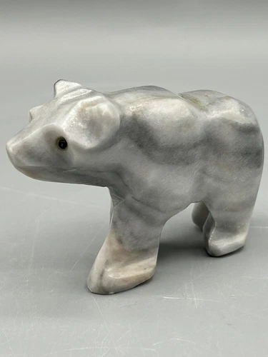 Vintage Hand Carved Bear Figurine Stone Sculpture, Carved Onyx Gray Stone