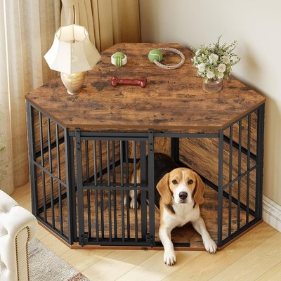 Corner Dog Crate Barn Door Rustic Brown Heavy Duty