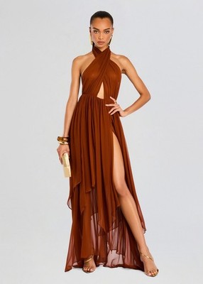 NEW NWT $695 RETROFETE "Ina" 100% silk chiffon halter maxi dress - Caramel  - S | eBay