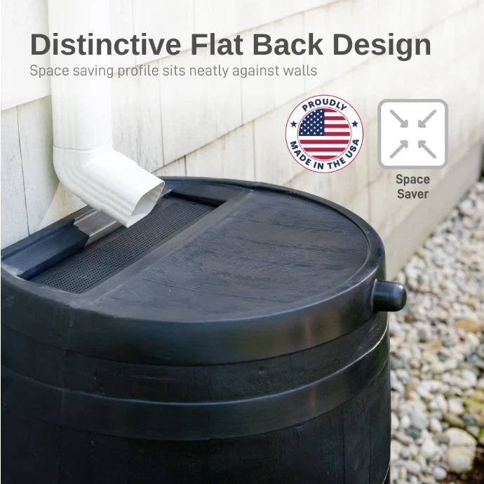 Polyethylene 50 Gallon Flat Back Eco Rain Barrel, 100% Recycled Plastic, Black - Image 2 of 4