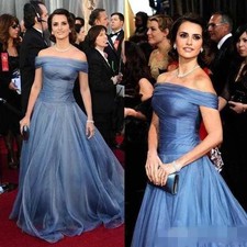 Ice Blue Celebrity Evening Dresses Boat Neck Tulle A Line Off Shoulder Prom Gown