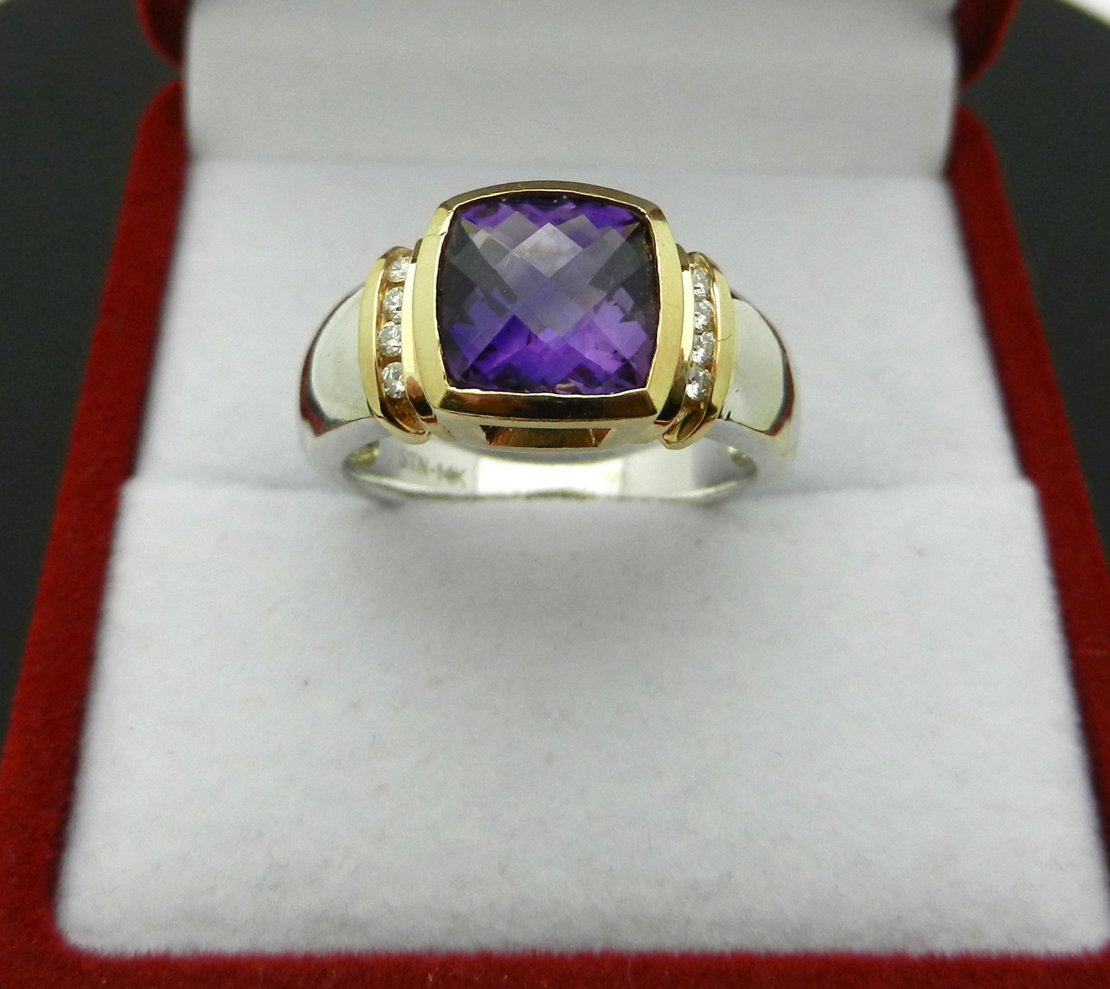 Solid 14k Gold Checkerboard Amethyst Ring with Di… - image 3