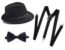 1920S Mens Costume Fedora Hat Gatsby Gangster Accessories Suspenders Pre Tied
