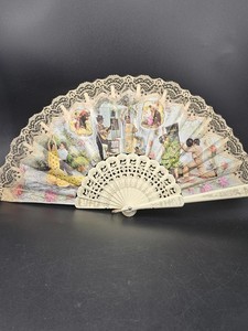 Vintage Spanish Flamenco Fan Dance Scene Beige Lace Antique Style Coquette