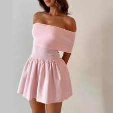 Womens Off Shoulder Mini Dress Pleated Skirt Fit Flare Summer Party S-L