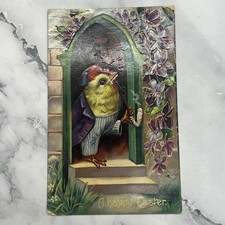 Vintage 1910s Easter Postcard Chick Pipe Purple Flowers Embossed Germany Art