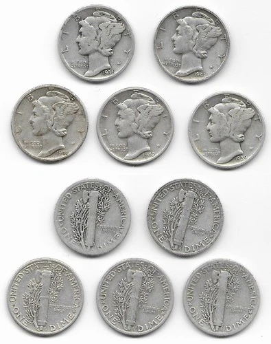 5 different Mercury dimes 10 cents 10c very good VG 1936 1939 1941 1942 1944