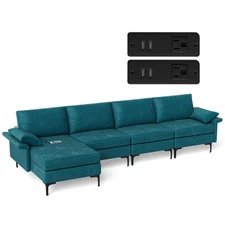 Modern Modular L-shaped Sectional Sofa w/ Reversible Chaise & 4 USB Ports Blue