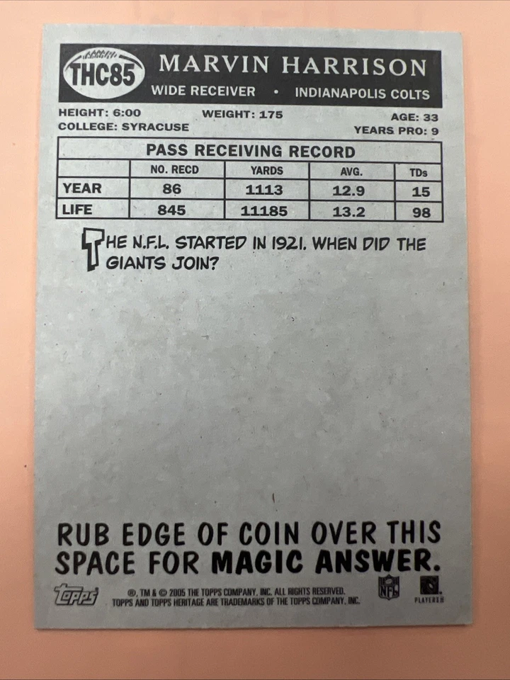 2005 Topps Heritage Football - MARVIN HARRISON #THC85 - FOIL - Indianapolis Colt - Image 2 of 2