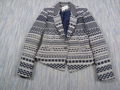 Reiss Blazer Jacke Damen XS Blau Creme Cordel Gemustert Cropped Smart Tailored