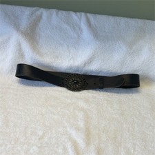 Women  s Black Genuine Leather Western Belt Adjustable Ornate Brass Buckle Size L