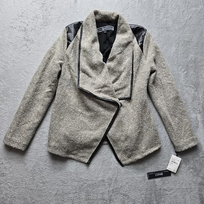 BNCI Blanc Noir Jacket XL Asymmetrical Tweed Faux Leather Trim Oatmeal Pockets