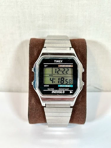 Vintage 1997 Timex Digital Watch Indiglo 739 Men's Silver Quartz New Battery 90s