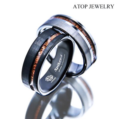 8mm Black/Silver Tungsten Carbide Ring Off Center Koa Wood ATOP Wedding Band