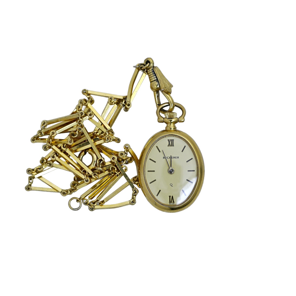 Bucherer Swiss Made  Gold and White Ladies Watch Pendant - on a chain Swiss Made Bucherer Flower Enameled Vintage Necklace Pendent Watch  main image 2