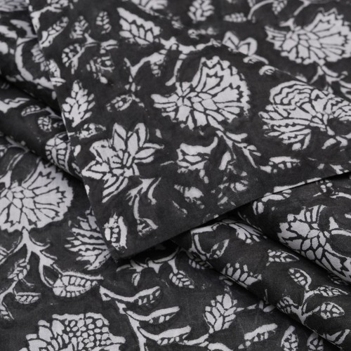 2.5 Yard black White Fabric For Sewing Cotton Indian Block Flower Print Fabric - Picture 4 of 5