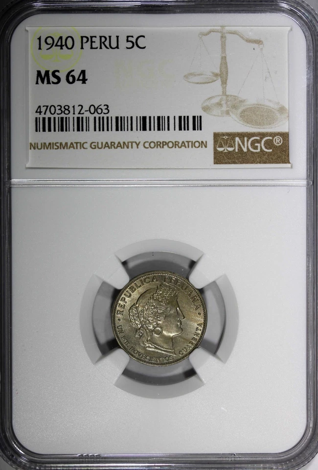 PERU Copper-Nickel 1940 5 Centavos NGC MS64 TONING TOP GRADED KM# 213.2 (063) - Image 2 of 4