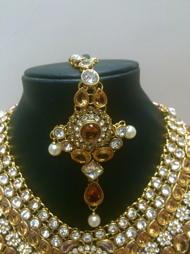 Estilo indio de Bollywood Diamante Kundan Perla chapada en oro Conjunto de joyería nupcial - Imagen 4 de 4