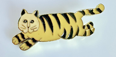 Black Striped Cat Enamel Pin Brooch Gold Tone