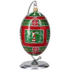 Joy to the World Glitterazzi Metallic Series Red Green Egg Polish Glass Ornament