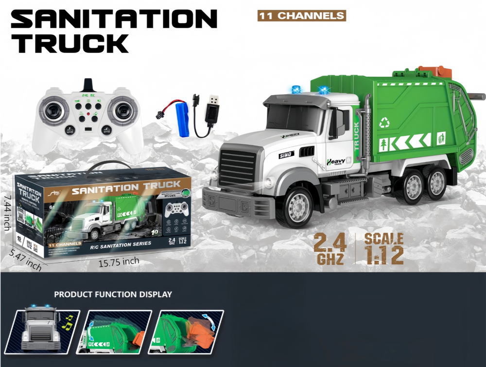 RC Garbage Truck Toy with Lights & Sounds – Remote Control Sanitation Vehicle for Kids