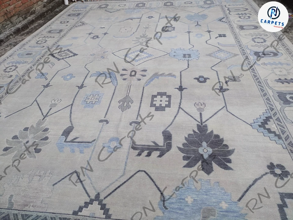 Alfombras Oushak beige alfombras de sala 9x12, 10x14, 12x18 alfombras modernas anudadas a mano Foto 3 de 4