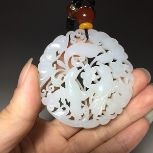 Chinese Antique Carved Flowers and Birds Hetian White Jade Pendant
