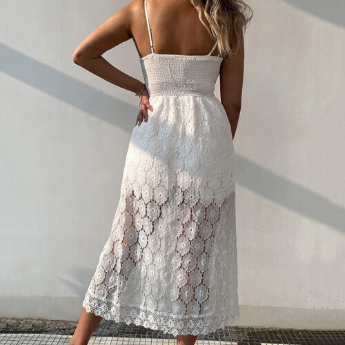 Boho Damen V-Neck Spitze Sommerkleid Strandkleid Lang Maxikleid Ärmellos kleid - Bild 4 von 11