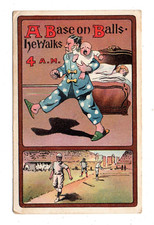 BASEBALL COMIC PC  A BASE ON BALLS, HE WALKS 4AM, MAN & CRYING BABY ~ used 1911