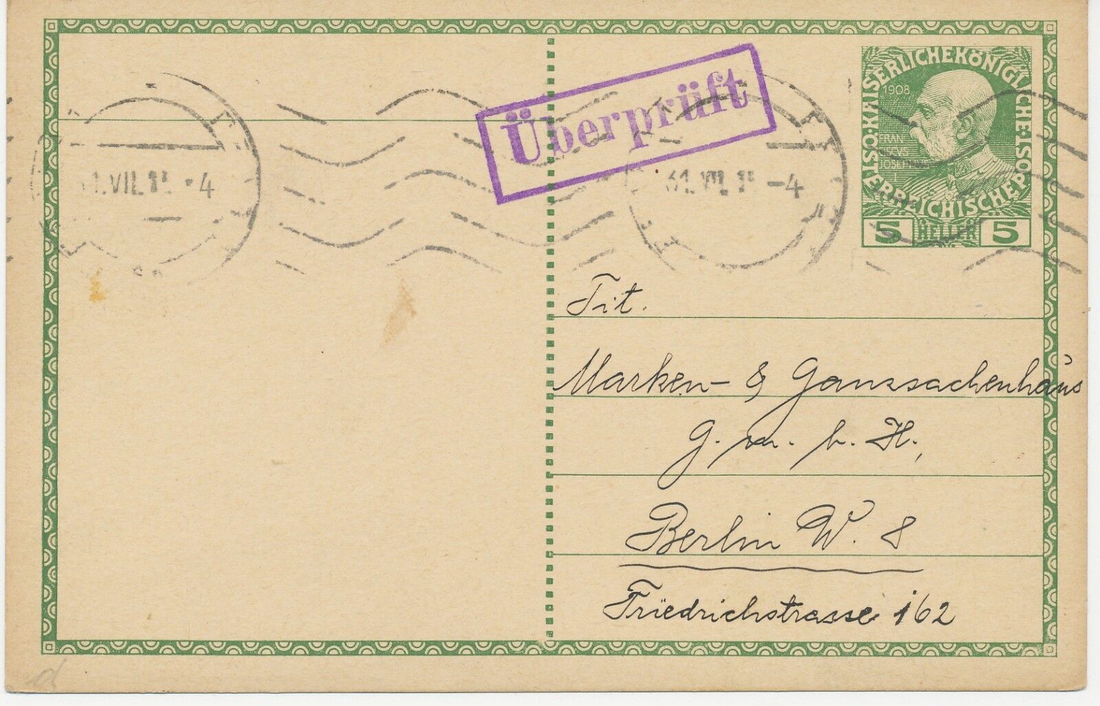Austria locale timbro "Praga" precoce MACCH. - stpl. U. VIOL. censura timbro ra1 1915