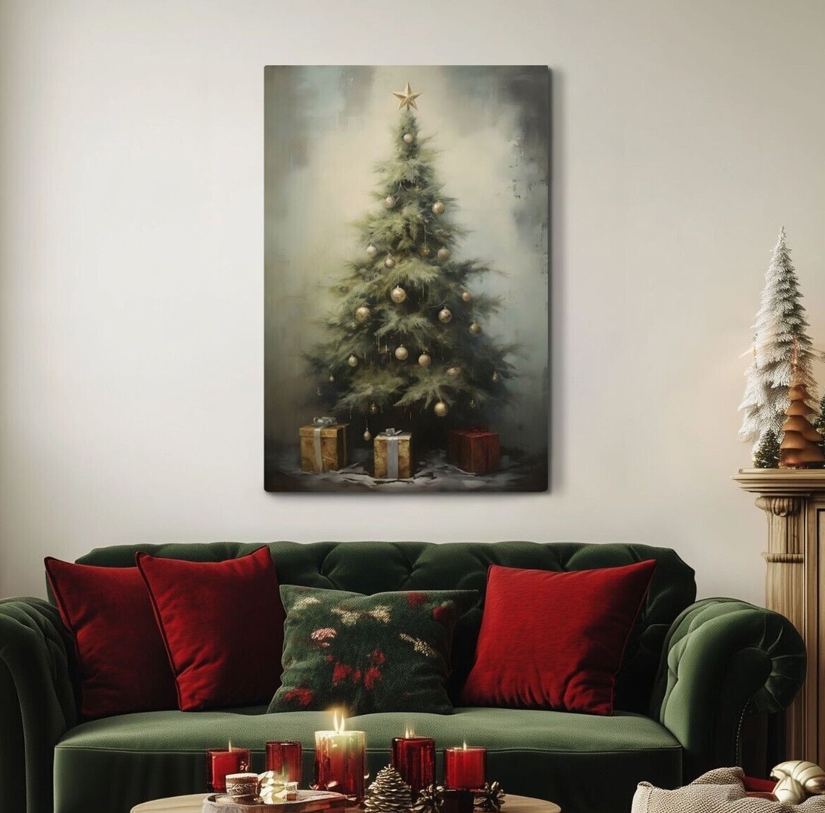 Vintage Christmas Tree Painting Print on Framed Canvas Wall Art