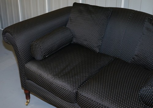 HAND MADE BLACK & SILVER UPHOLSTERED SOFA LIGHT MAHOGANY FRAME PART OF A SUITE - Picture 4 of 12