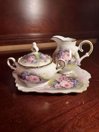 MZ CZECH REPUBLIC SUGAR BOWL W/ CREAMER ON TRAY PRETTY FLORAL DESIGN GILDED 3PC