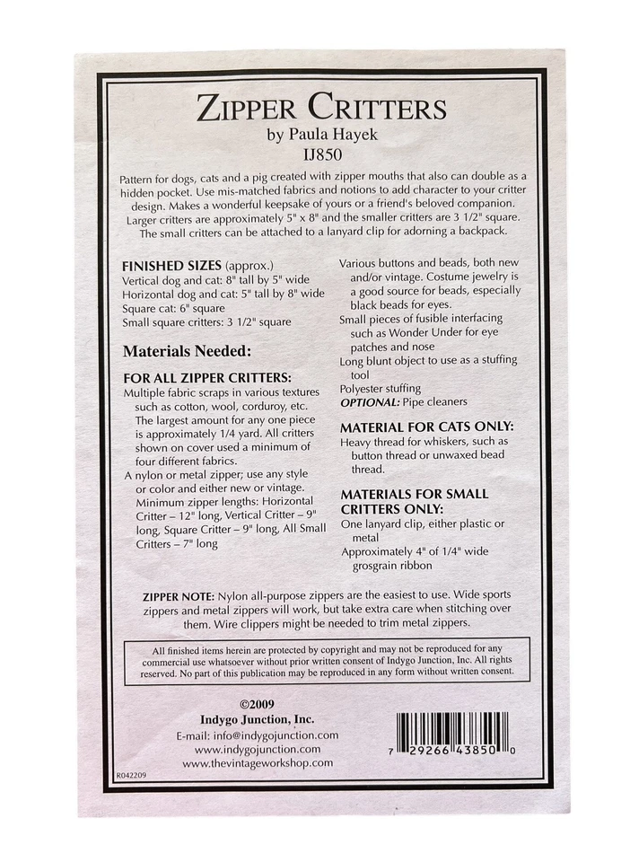 Indygo Junction Zipper Critters Sewing Pattern IJ850 Paula Hayek designs - Image 2 of 3