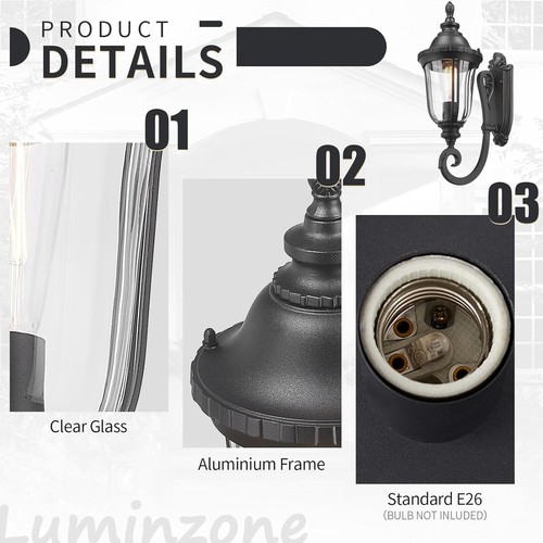 Outdoor Light Fixture Wall Mounted Black Porch Sconces Clear Glass Shades E26 - Picture 4 of 7