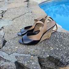 Tory Burch Black Patent Leather Cork Platform Wedges OpenToe Sandals size 7M