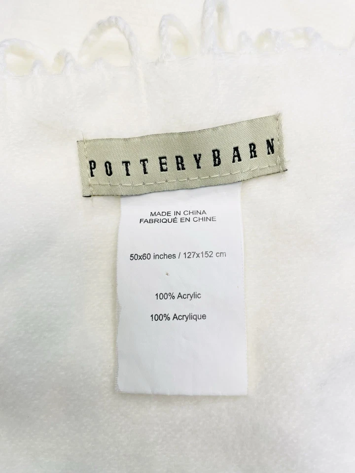 Pottery Barn Cream Acrylic Throw Blanket with Fringe & Embroidered “B” Monogram - Image 3 of 4