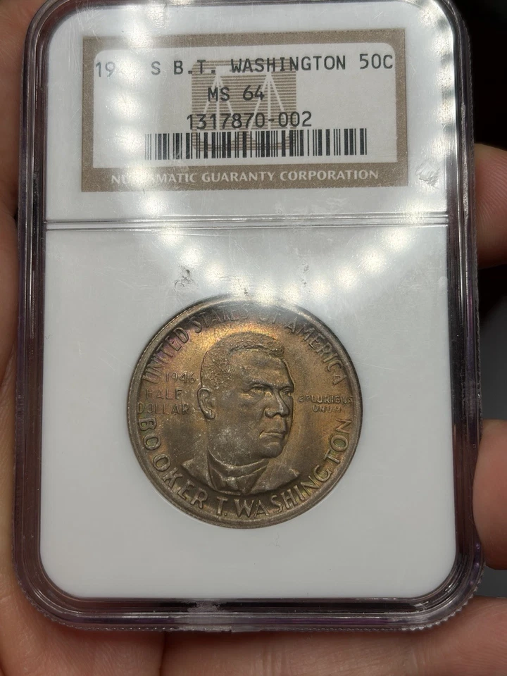 1946 S Booker T Washington Commemorative Half Dollar PCGS MS64 - Rainbow Toner - Image 3 of 3
