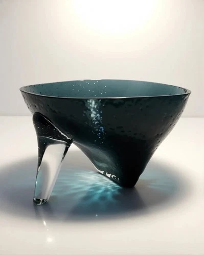 Vintage Blenko Glass Charcoal High Heel Abstract Bowl By Wayne Husted #558