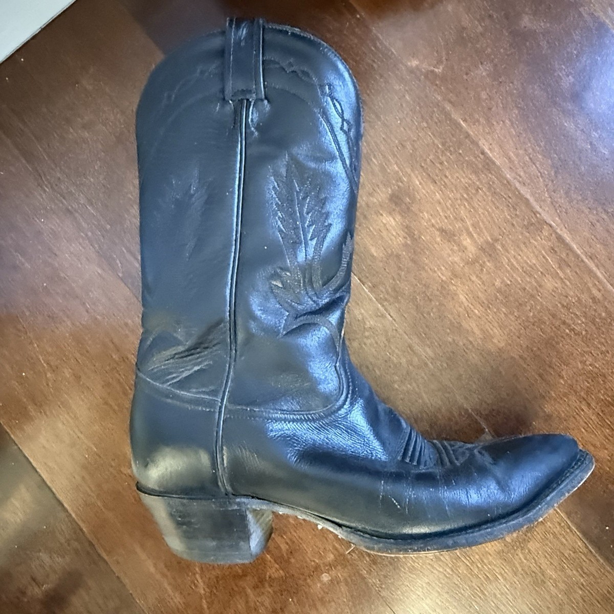 Tony Lama Cowboy Boots Black Leather Embroidered Western Style